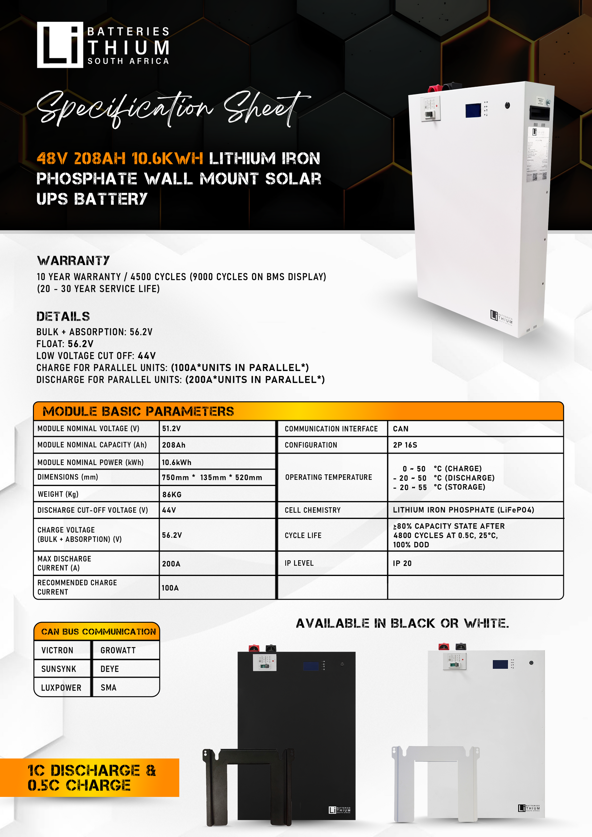 10.6 kWh 51.2v 208Ah LiFePO4 Lithium Iron Phosphate Wall Mount Solar UPS Battery