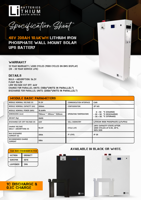 10.6 kWh 51.2v 208Ah  LiFePO4 Lithium Iron Phosphate Wall Mount Solar UPS Battery