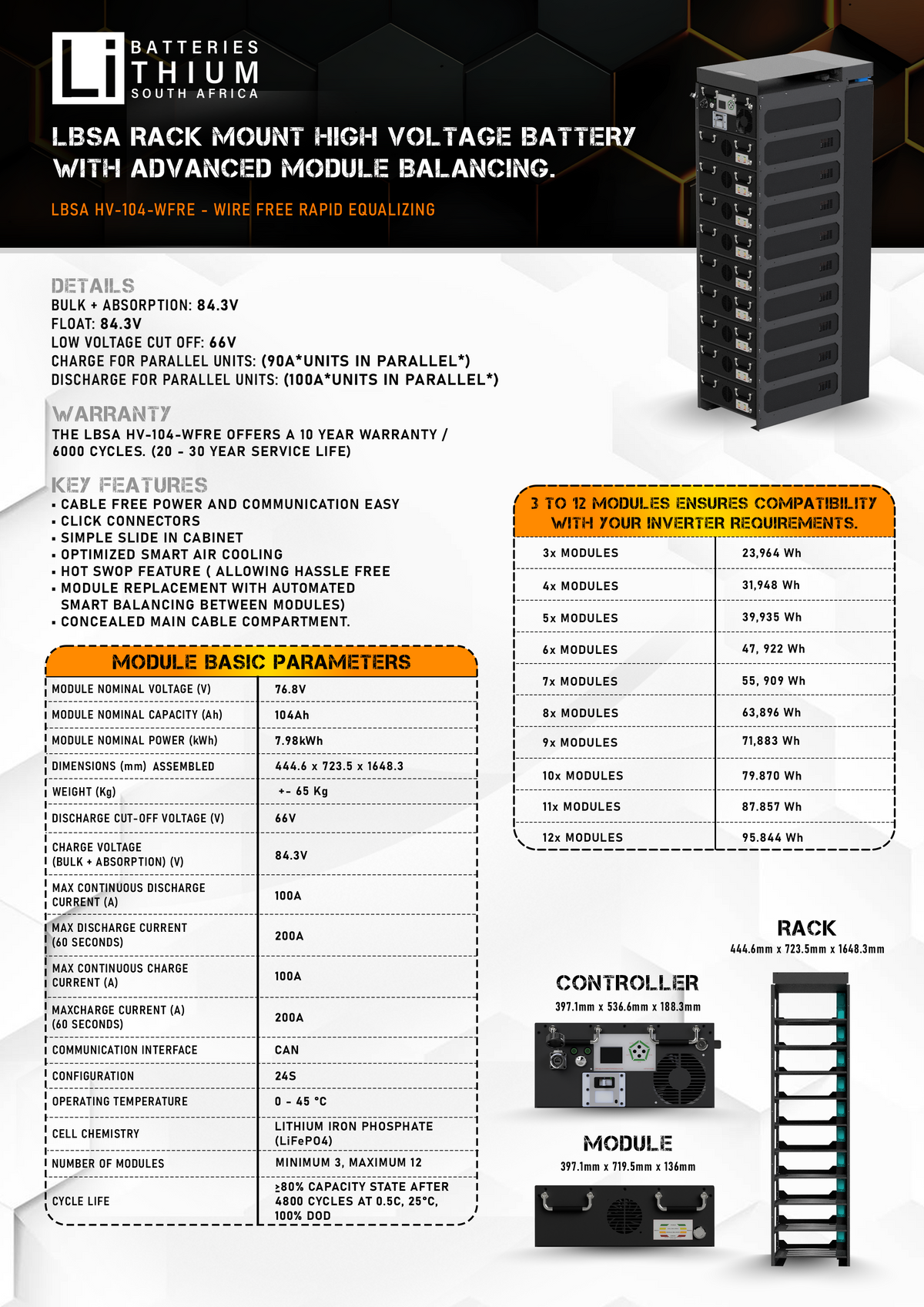 460.8V 104Ah 47.9kWh LBSA Rhino Intelliflex High Voltage Battery